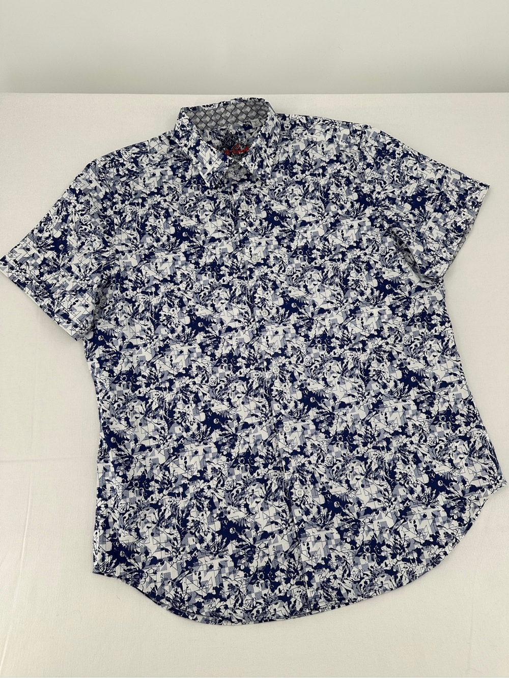 Robert Graham NWOT Bright Blue Geo Floral Stretch Cotton Statement Shirt L - Picture 2 of 9